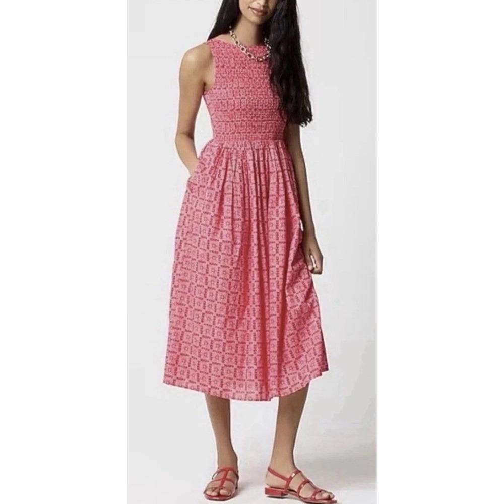 J.Crew Red Smocked Boatneck Midi Dress Sz M Cottagecore Block Print Pink